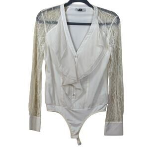 Bebe cream silk bodysuit, romantic, statement, date night, ruffle, lace, sexy